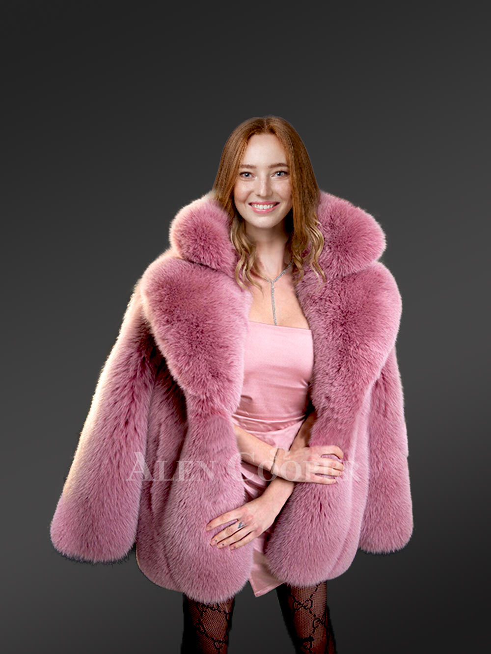 Womens Fox Fur Long Coat in Swing Style