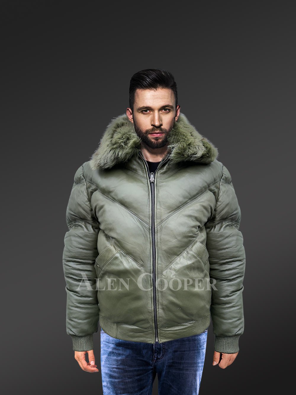 Mens Leather Down Puffer Jacket in Bomber Style