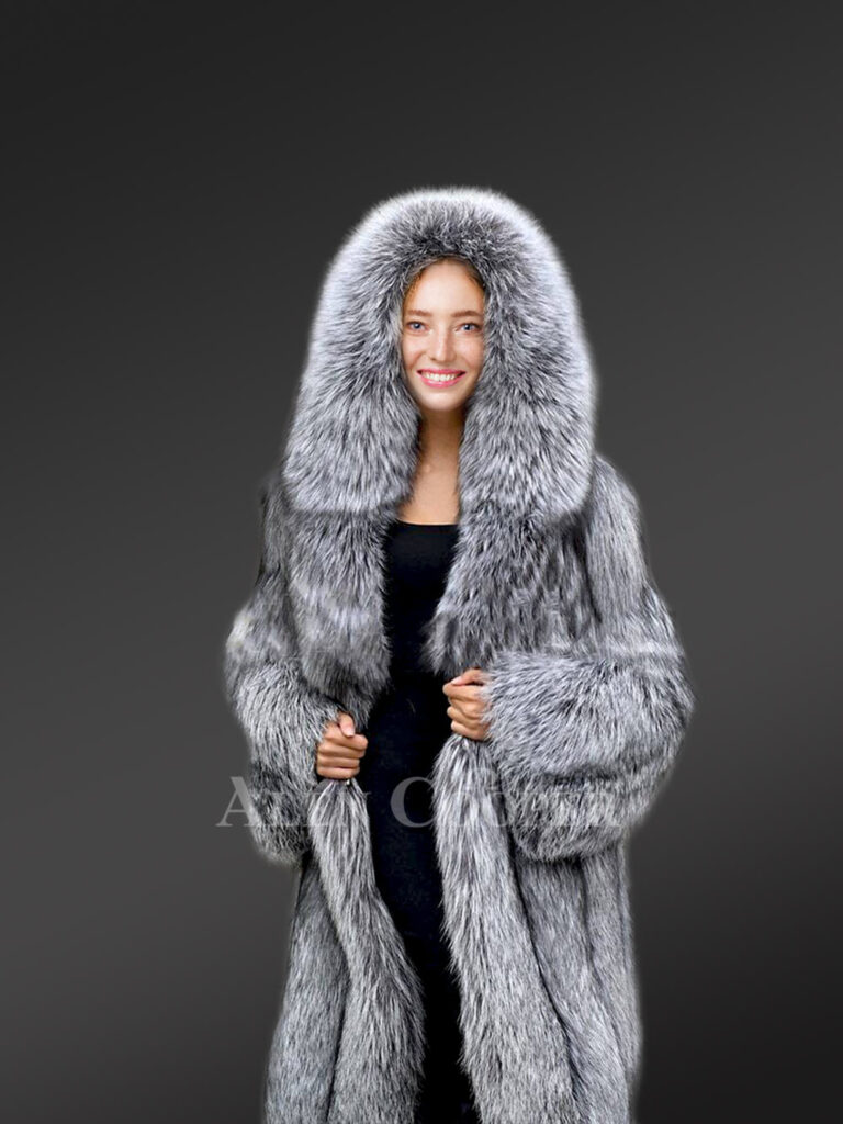 Long Blue Silver Fox Fur Coat for Women