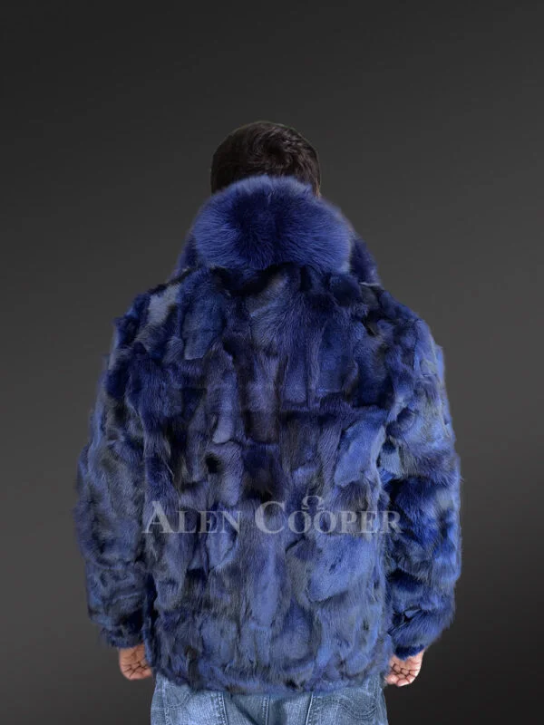 Mens Blue Fox Fur Jacket in Bomber Style With Fox Fur Collar - Image 4