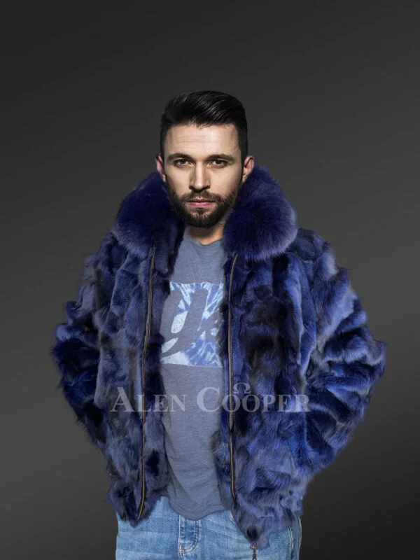 Mens Blue Fox Fur Jacket in Bomber Style With Fox Fur Collar - Image 2