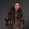 Men's Brown Mink Diamond Section Bomber Jacket with Fox Collar