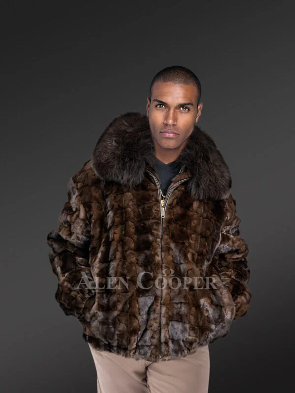 Men's Brown Mink Diamond Section Bomber Jacket with Fox Collar