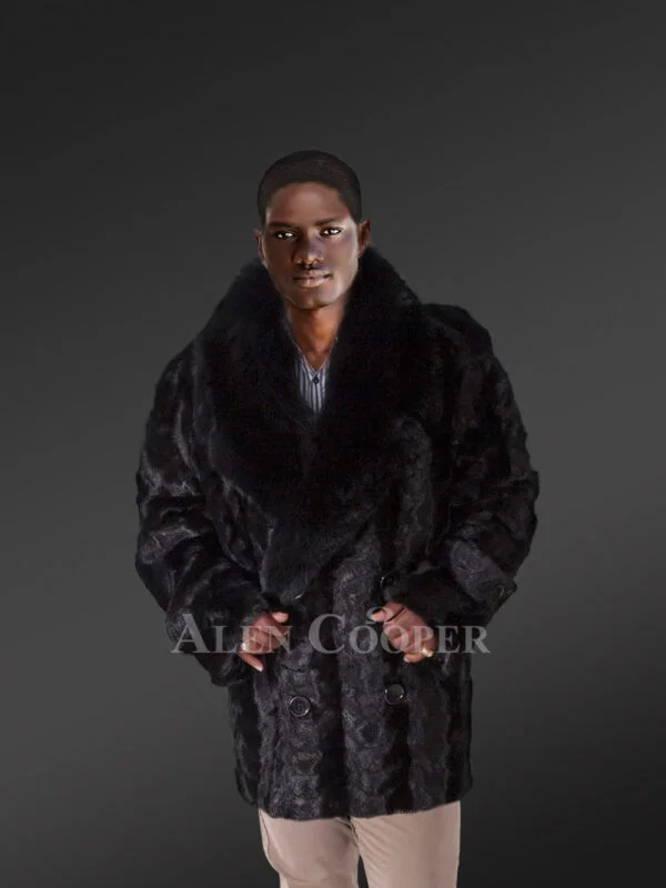 Men's Diamond Mink Section Pea Coat with Fox Collar