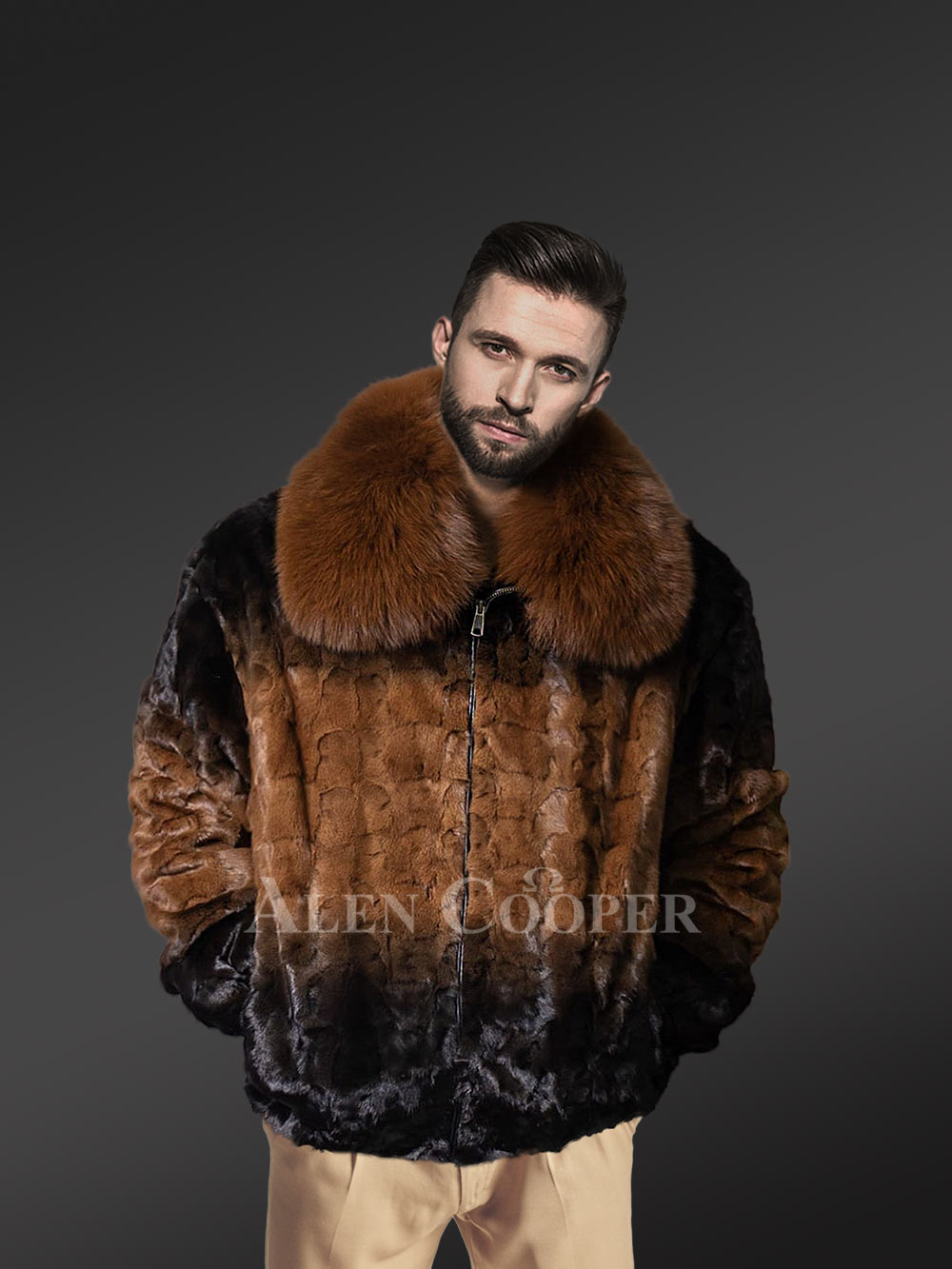 Men’s Diamond 2 Tone Mink Bomber with Fox Collar