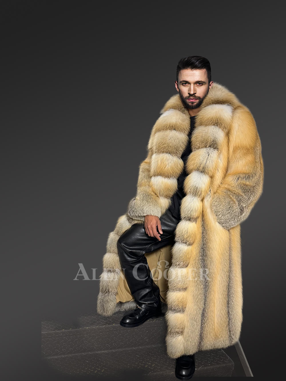 Men’s Golden Fox Fur Long Tuxedo Coat