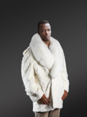 Men’s Oversized Sheared Blue Iris Section Mink Pea Coat With Fox Fur Collar in White