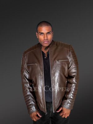 Brown Leather Jacket with Zippers Stylizing Men