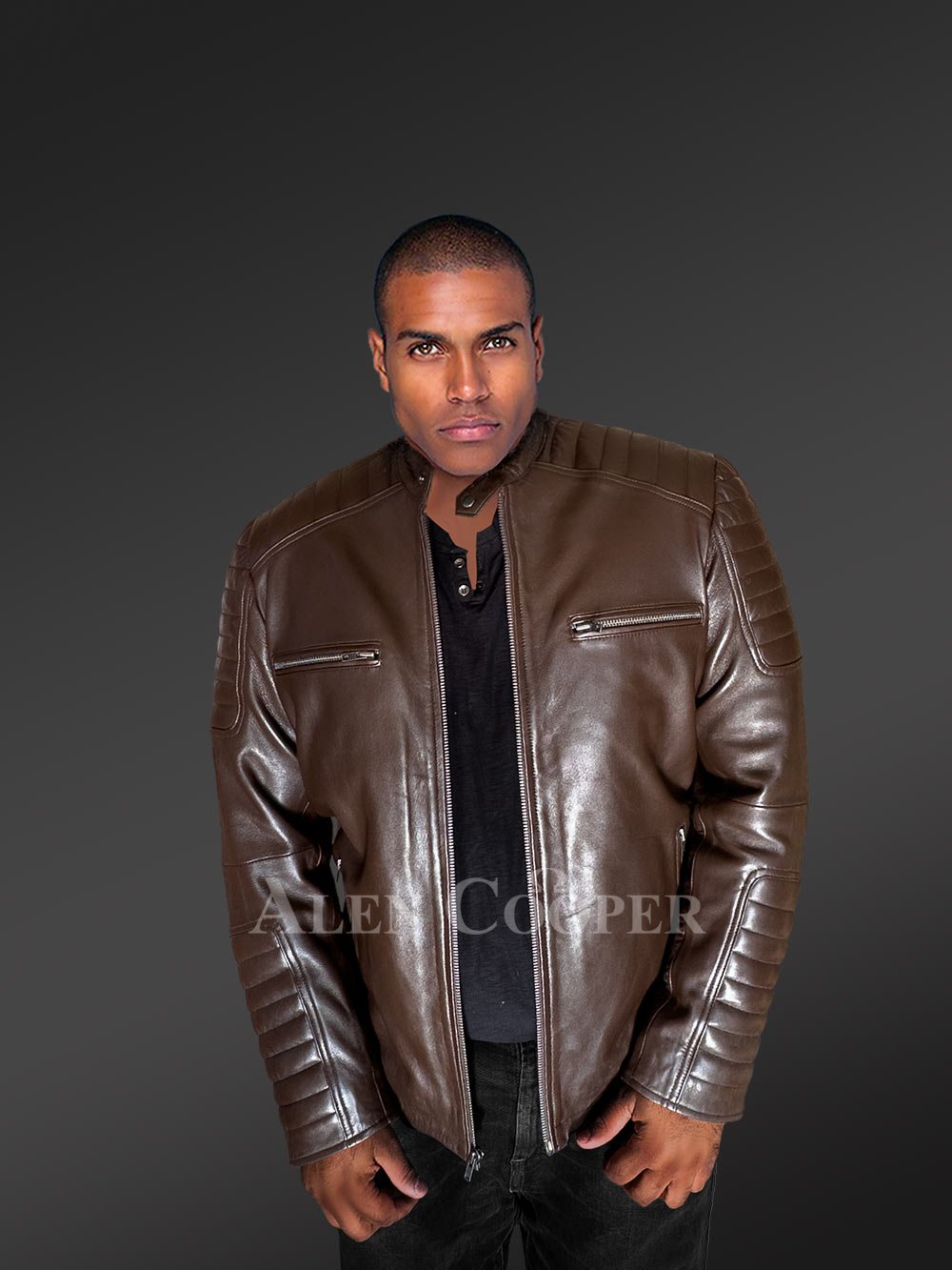 Brown Leather Jacket with Zippers Stylizing Men