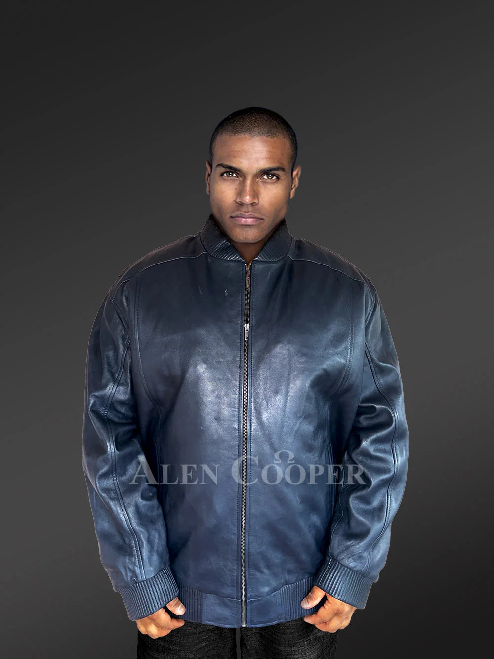 Mens Leather Bomber Jacket in Navy Blue Shade for High Fashion Looks