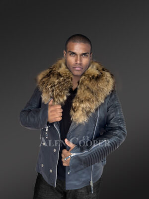 Mens Biker Jacket with Raccoon Collar