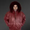 Mens Leather Bomber Jacket with Hood in Wine (5)