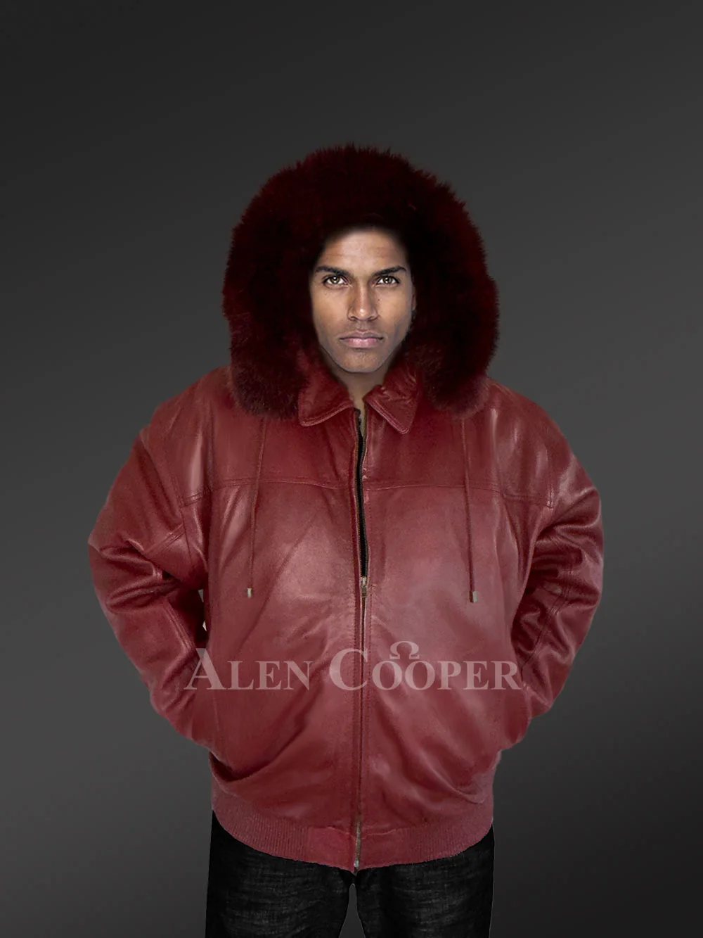 Mens Leather Bomber Jacket with Hood in Wine (5)