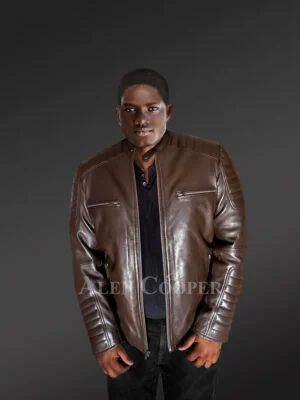 Men’s Rapper Leather Jacket with Zipper Accents in Brown