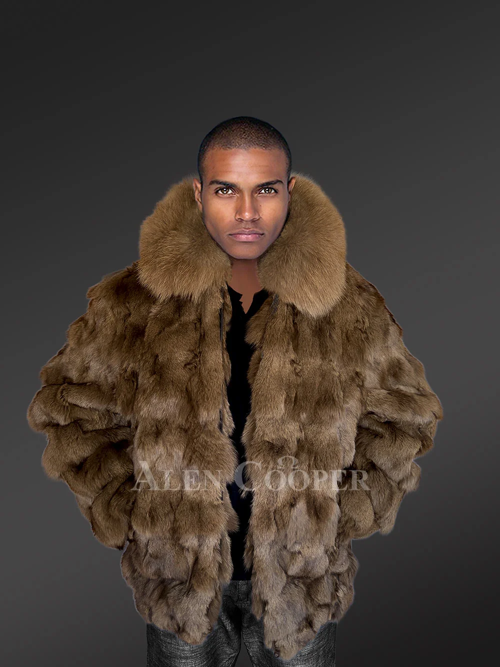 Mens Section Fox Fur Bomber in Olive