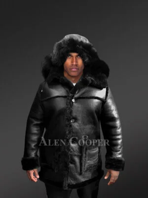 Men’s Mid Length Hooded Shearling Coat