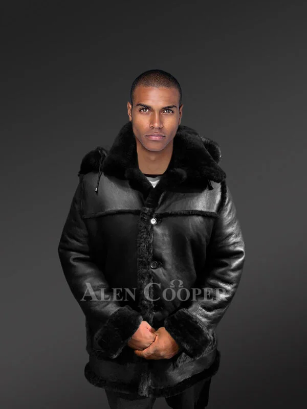 Men’s Mid Length Hooded Shearling Coat - Image 2