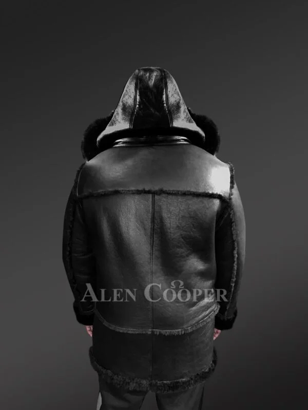 Men’s Mid Length Hooded Shearling Coat - Image 4