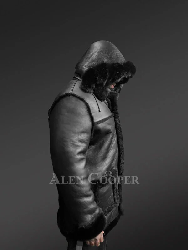 Men’s Mid Length Hooded Shearling Coat - Image 3