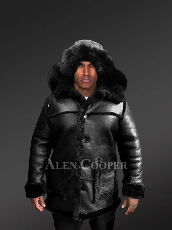 Men’s Mid Length Hooded Shearling Coat - Image 2