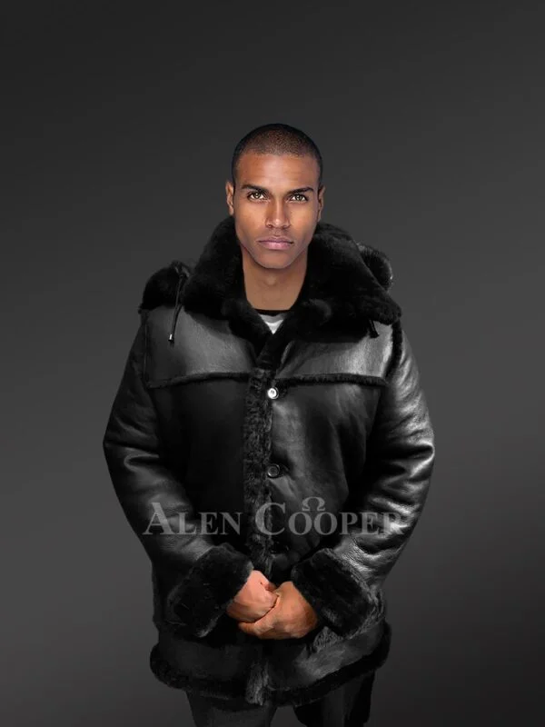 Men’s Mid Length Hooded Shearling Coat