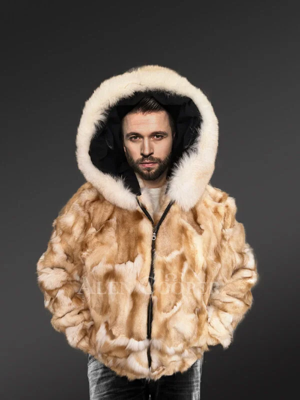 Mens Golden Fox Fur Bomber Jacket for an Exquisite Presence - Image 2