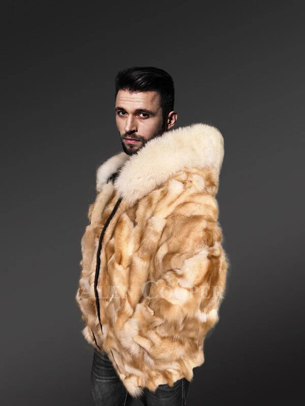 Mens Golden Fox Fur Bomber Jacket for an Exquisite Presence - Image 3