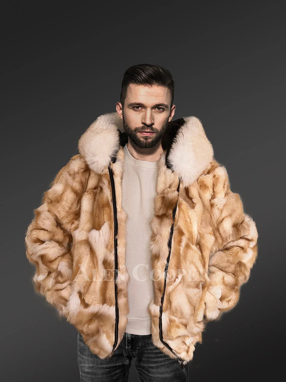 Men’s Whisky Gold Fox Fur Bomber with Hood