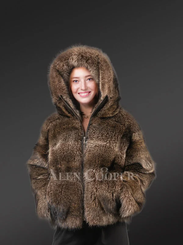 Women’s Natural Rabbit Fur Bomber with Hood