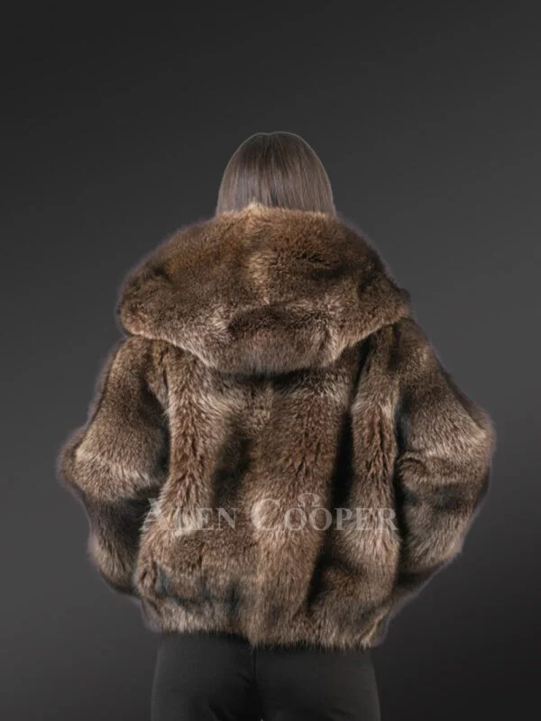 Women’s Natural Rabbit Fur Bomber with Hood - Image 5