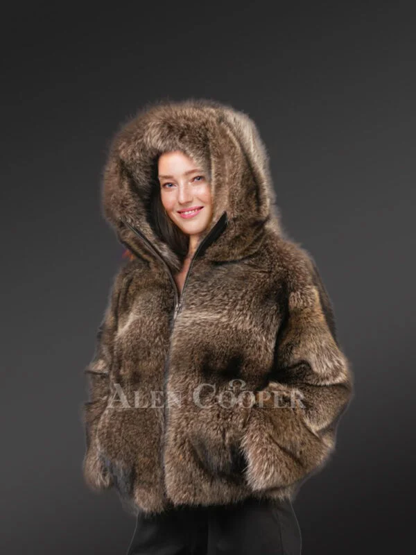 Women’s Natural Rabbit Fur Bomber with Hood - Image 3