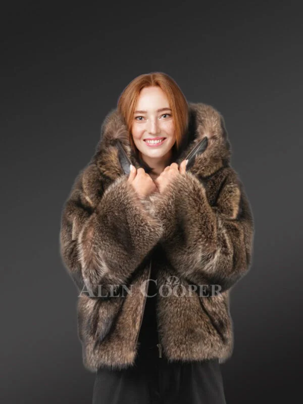 Women’s Natural Rabbit Fur Bomber with Hood