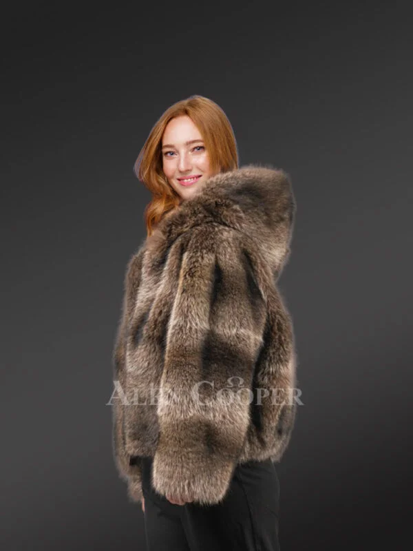 Women’s Natural Rabbit Fur Bomber with Hood - Image 4