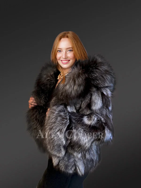 Women’s Silver Fox Fur Bomber Jacket with Accent Cuffs - Image 2