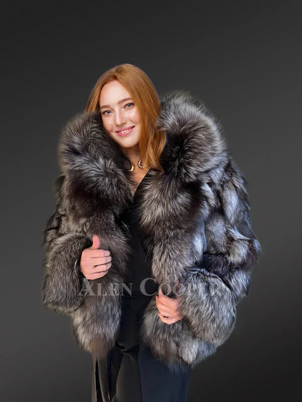 Women’s Silver Fox Fur Bomber Jacket with Accent Cuffs - Image 3