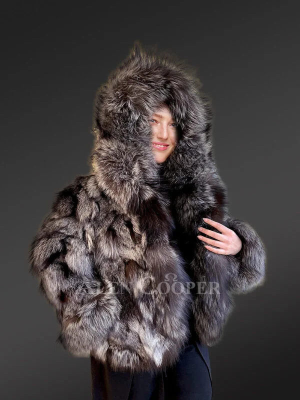 Women’s Silver Fox Fur Bomber Jacket with Accent Cuffs - Image 4