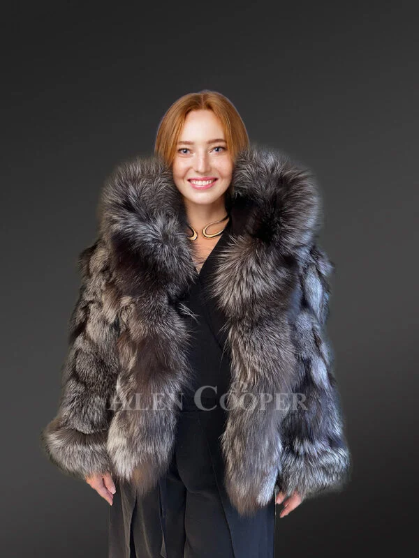 Women’s Silver Fox Fur Bomber Jacket with Accent Cuffs