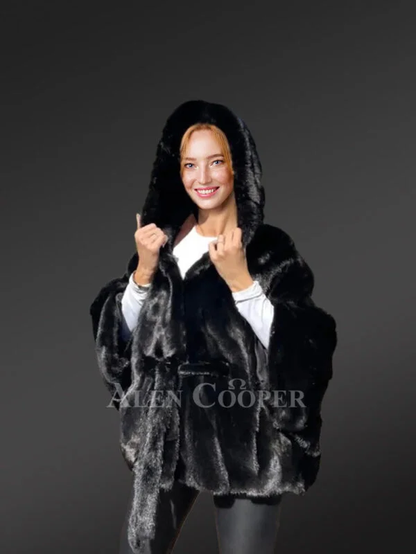 Women's Mink Baggy Cape Coat with Hood - Image 2