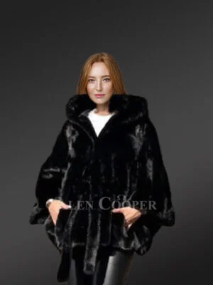 Women's Mink Baggy Cape Coat with Hood