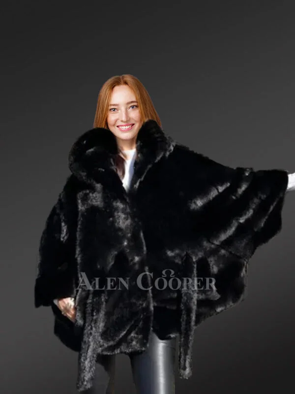 Women's Mink Baggy Cape Coat with Hood - Image 6