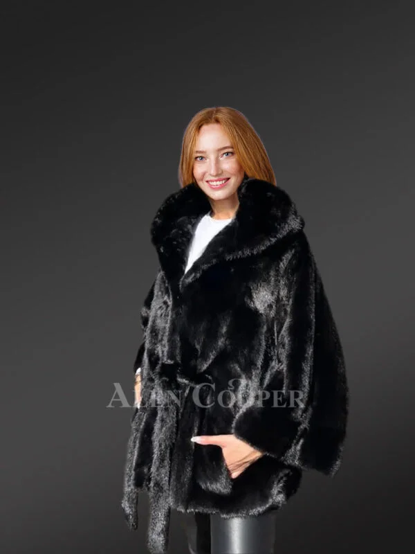 Women's Mink Baggy Cape Coat with Hood - Image 5