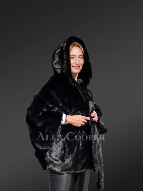 Women's Mink Baggy Cape Coat with Hood - Image 4