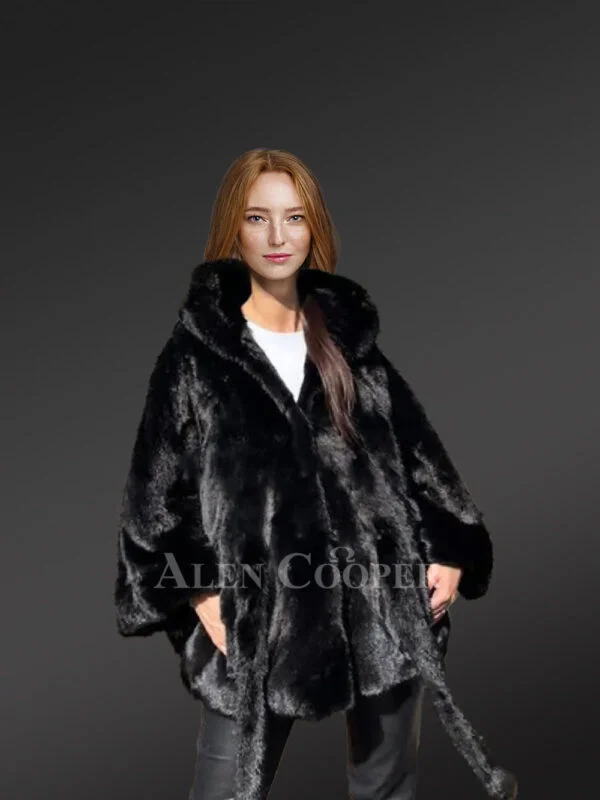 Women's Mink Baggy Cape Coat with Hood - Image 3