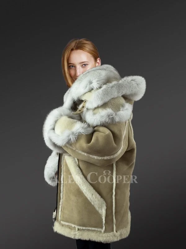 Womens Shearling Jacket with Fox Fur Accent and Detachable Hood - Image 4