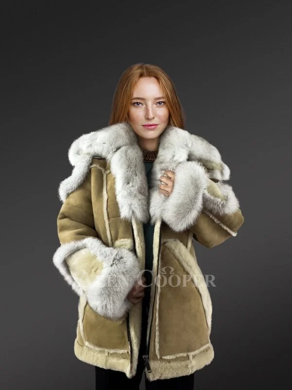 Womens Shearling Jacket with Fox Fur Accent and Detachable Hood - Image 3