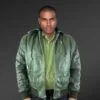 Attached Hood Lambskin Bomber in Green