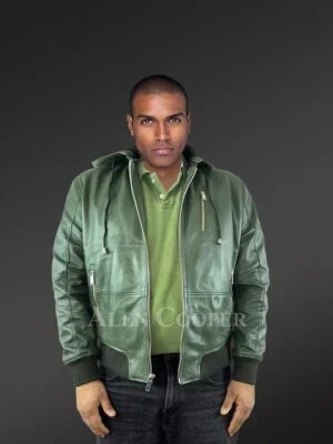 Attached Hood Lambskin Bomber in Green