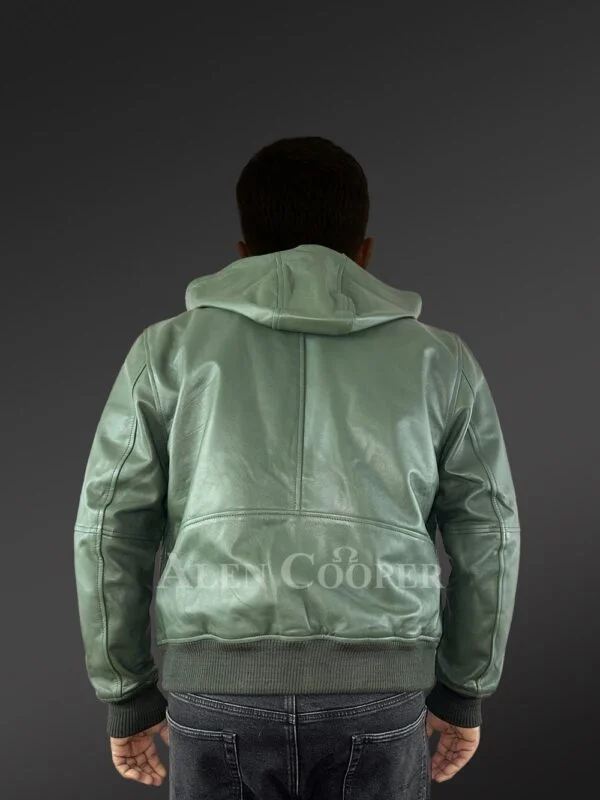 Men’s Attached Hood Lambskin Bomber in Green - Image 3