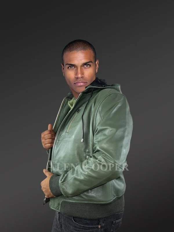 Men’s Attached Hood Lambskin Bomber in Green - Image 2