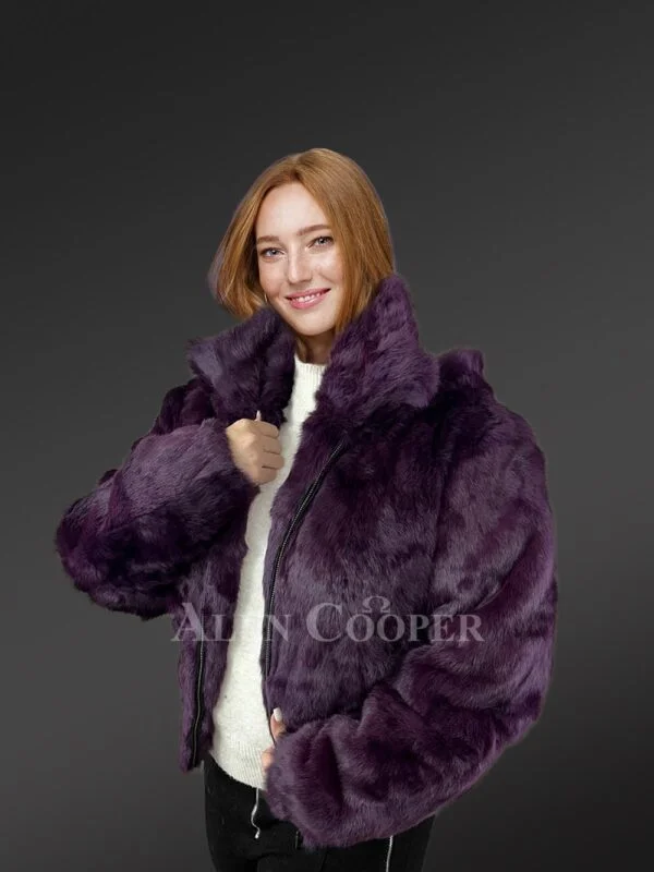 Womens Purple Rabbit Fur Bomber – Looks Unique & Feels Comforting - Image 3